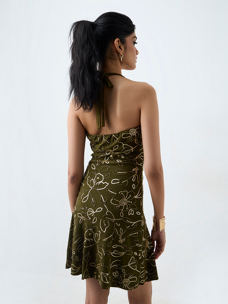 Nuon Olive Floral Embellished A-Line Dress