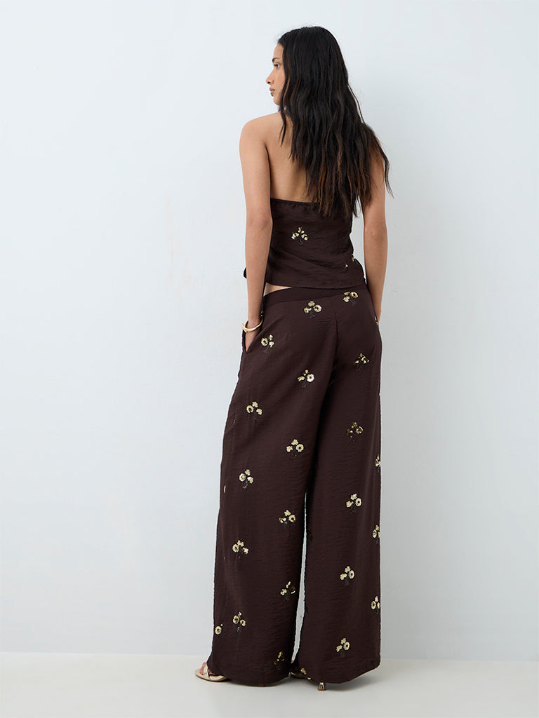 LOV Dark Brown Embellished High-Rise Pants