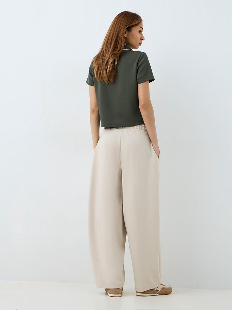Nuoflexx Light Beige Barrel-Fit High-Rise Track Pants
