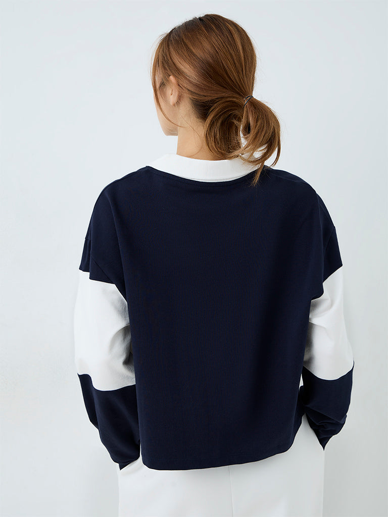 Nuoflexx Navy Colour-Blocked Cotton Polo Sweatshirt