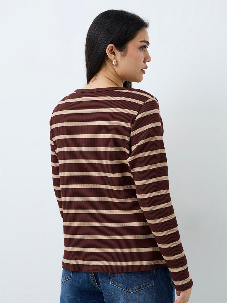 Gia Dark Brown Striped Ribbed Cotton-Blend Top