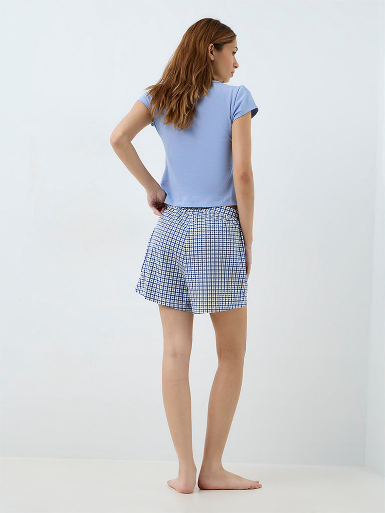 Superstar Blue Gingham Checkered High-Rise Shorts
