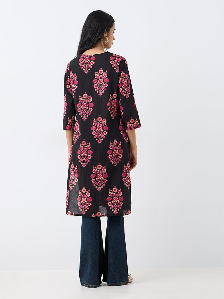 Utsa Black Floral Pattern Straight Kurta