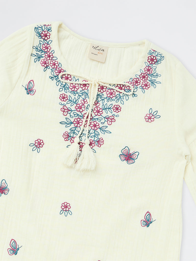 Utsa Kids Girls Ivory Floral Embroidered Cotton Tunic - (8-14 yrs)