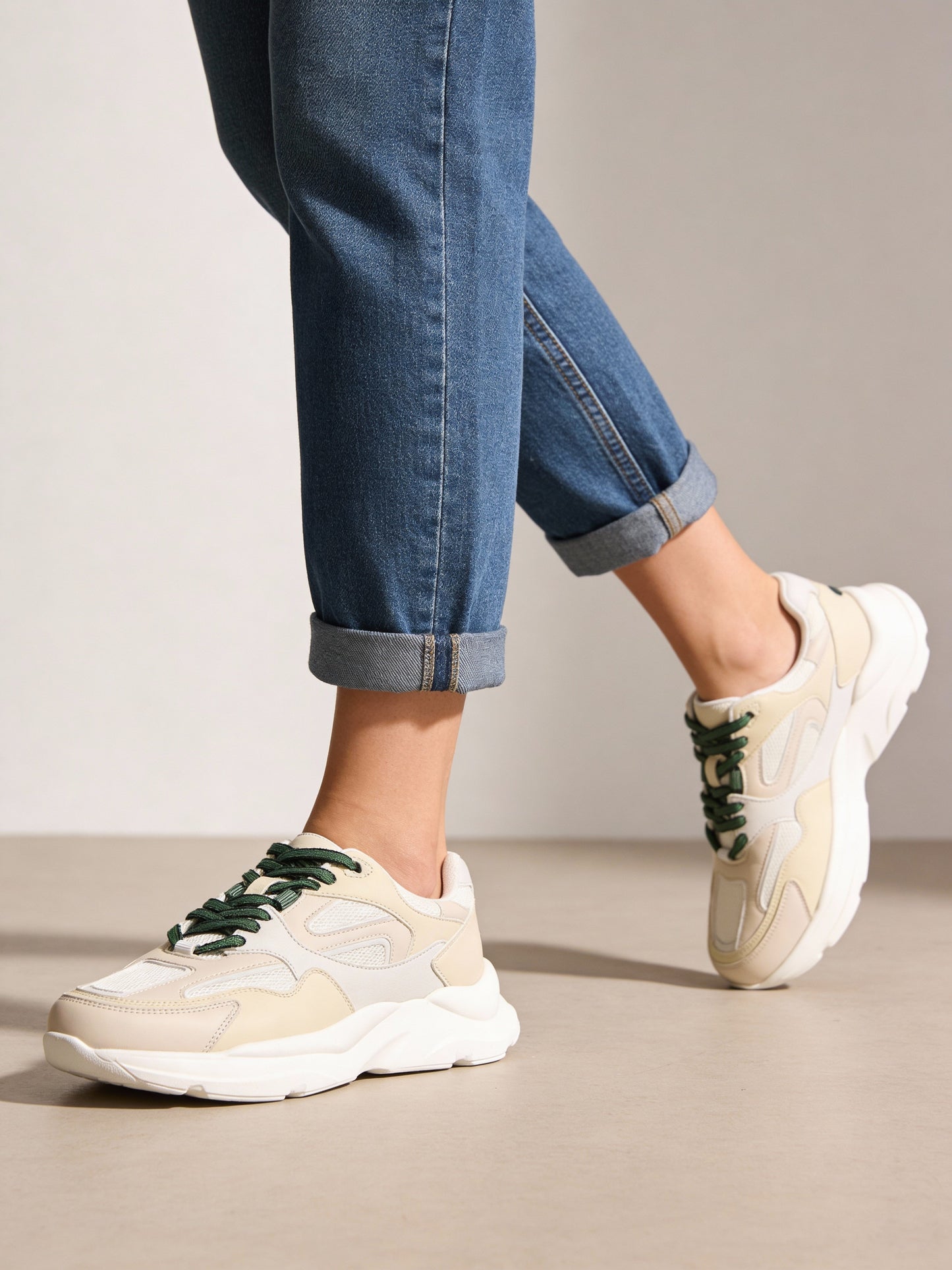 LUNA BLU Beige Mesh Detailed Lace-Up Sneakers