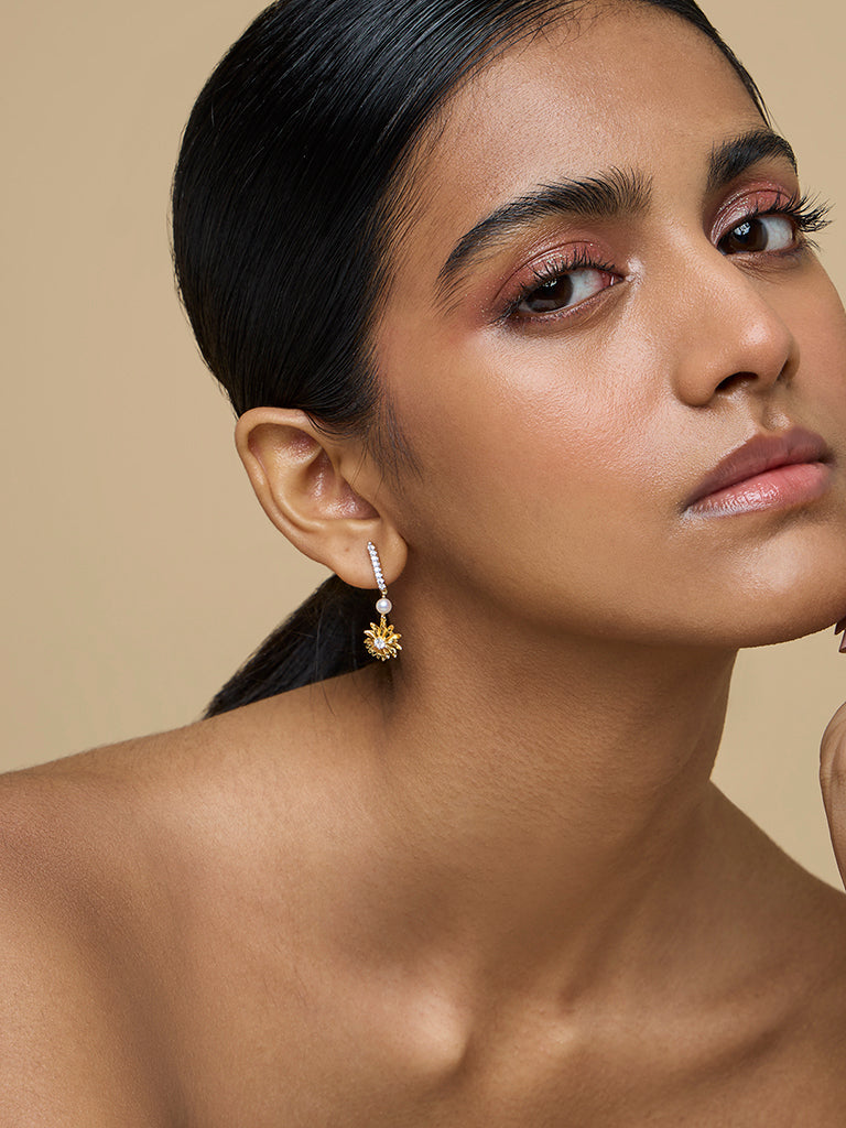 Gold Daisy Pearl Drop Earrings