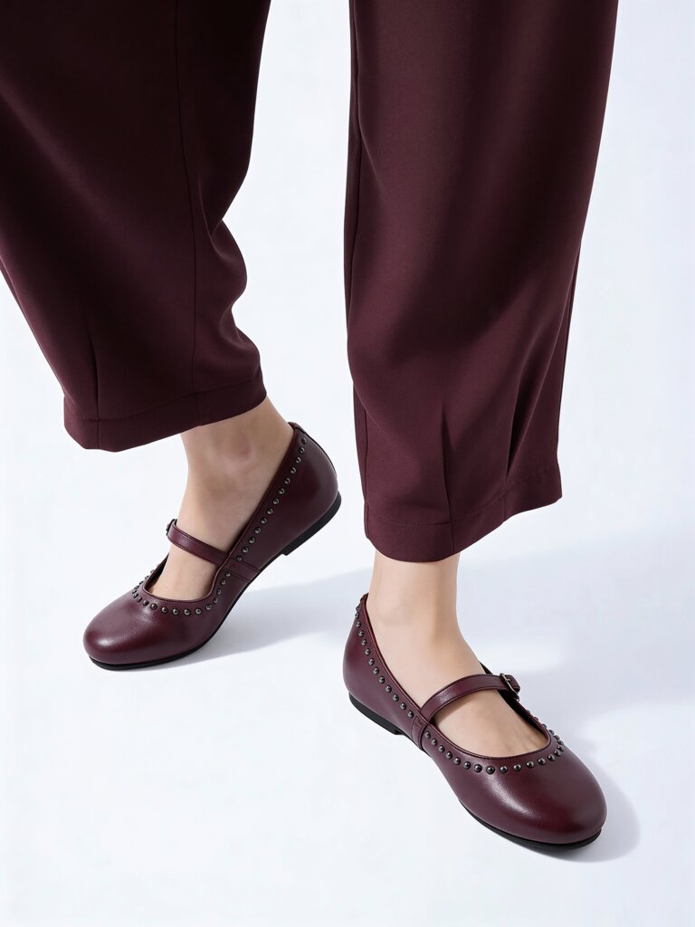 LUNA BLU Burgundy Stud-Detailed Leather Mary Jane Shoes