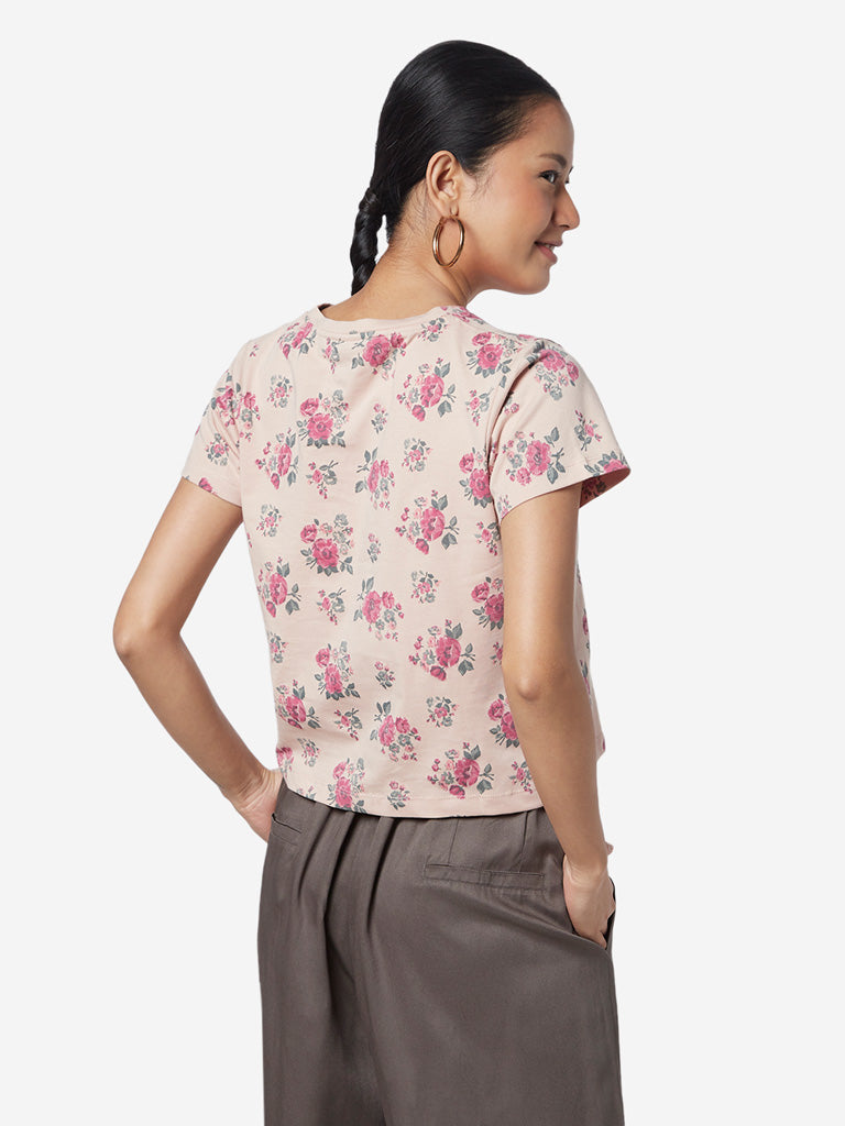 Westside Bombay Paisley Women's Peach Rose Print Cotton Crop-Top for Everyday Back View