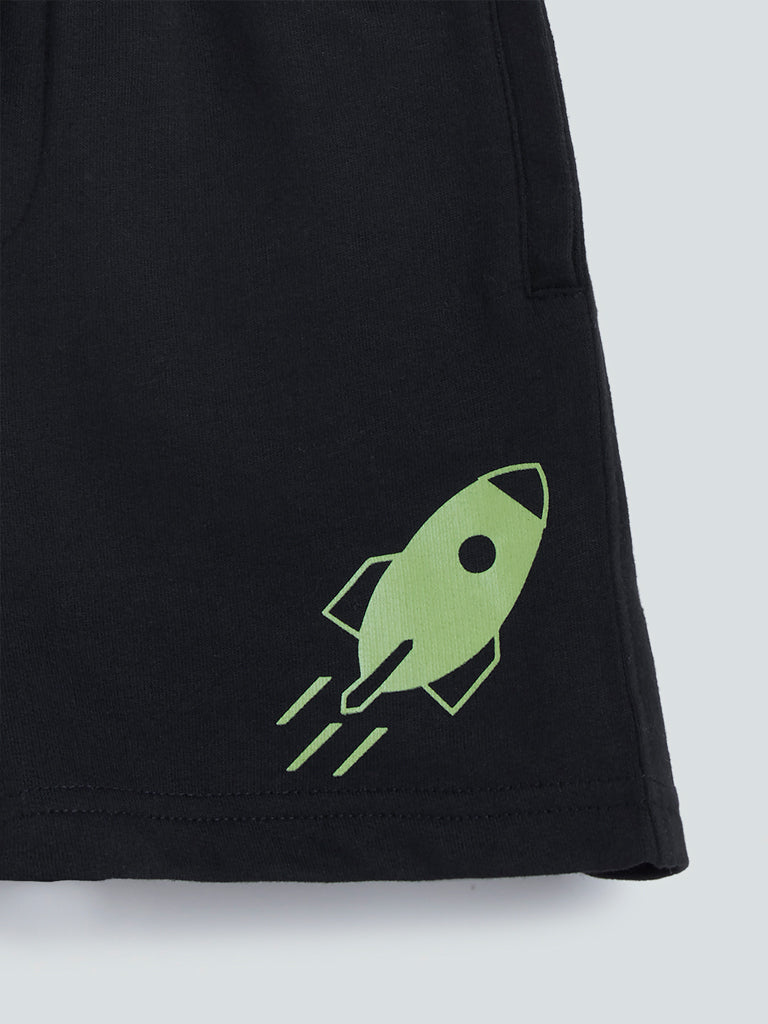 HOP Kids Black Printed Cotton-Blend Shorts