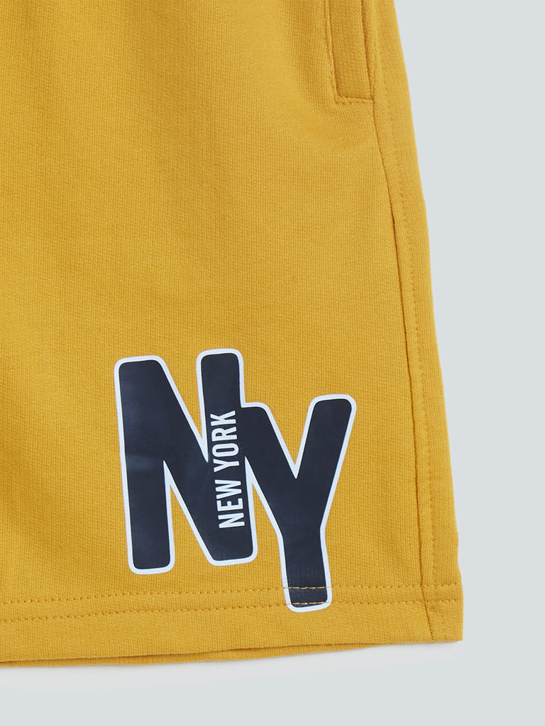 Mustard Text Pattern Cotton-Blend Shorts