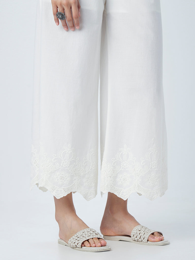 Zuba Off-White Solid Cotton Palazzos