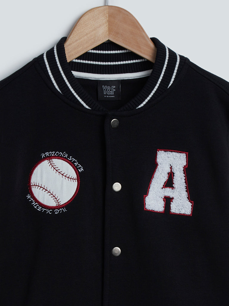 Black Printed Cotton-Blend Varsity Jacket