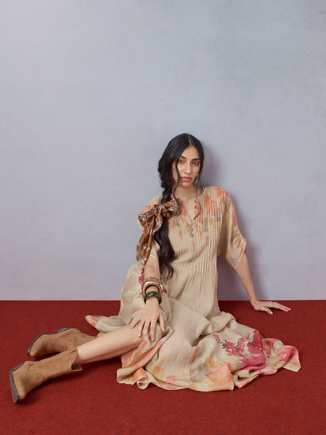 Printed Kaftan with Inner - Beige