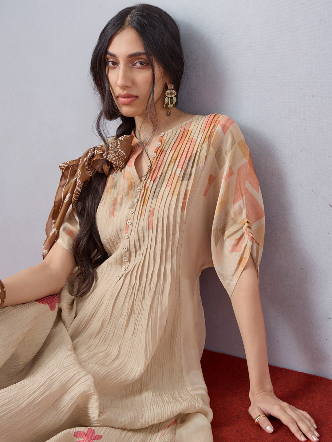 Printed Kaftan with Inner - Beige
