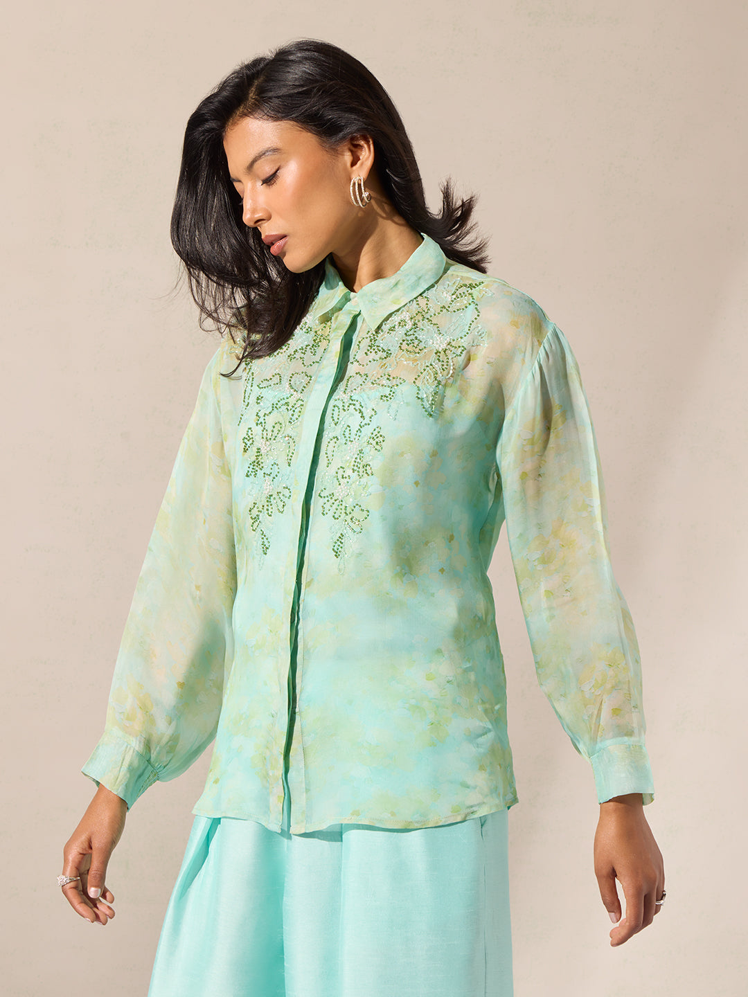 Blue Embellished Shirt with Camisole