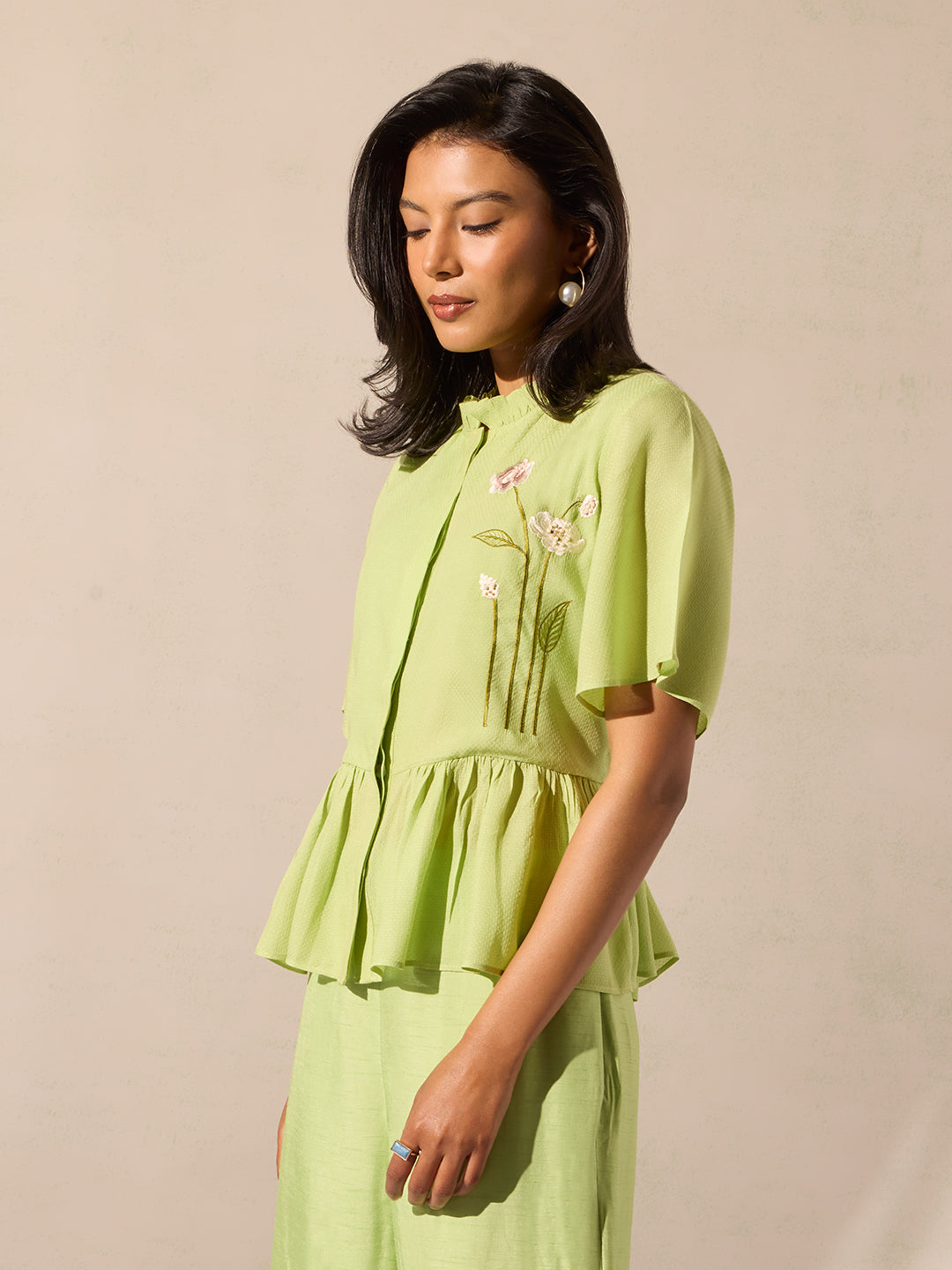 Samoh Floral Embroidered Top - Green