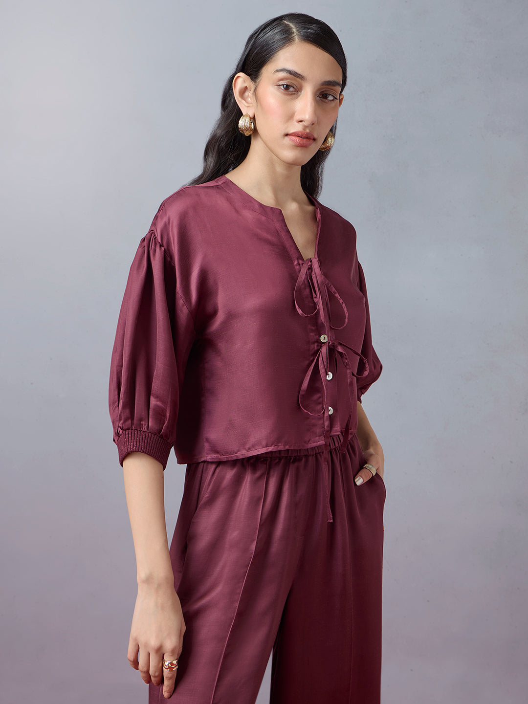 Samoh Satin Top with Tie-Up Front - Maroon
