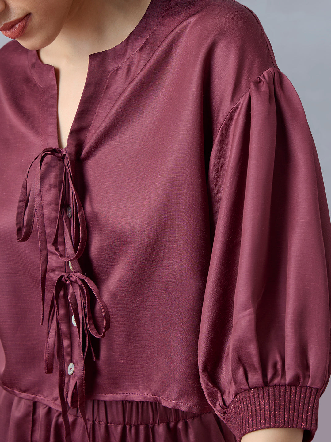 Samoh Satin Top with Tie-Up Front - Maroon