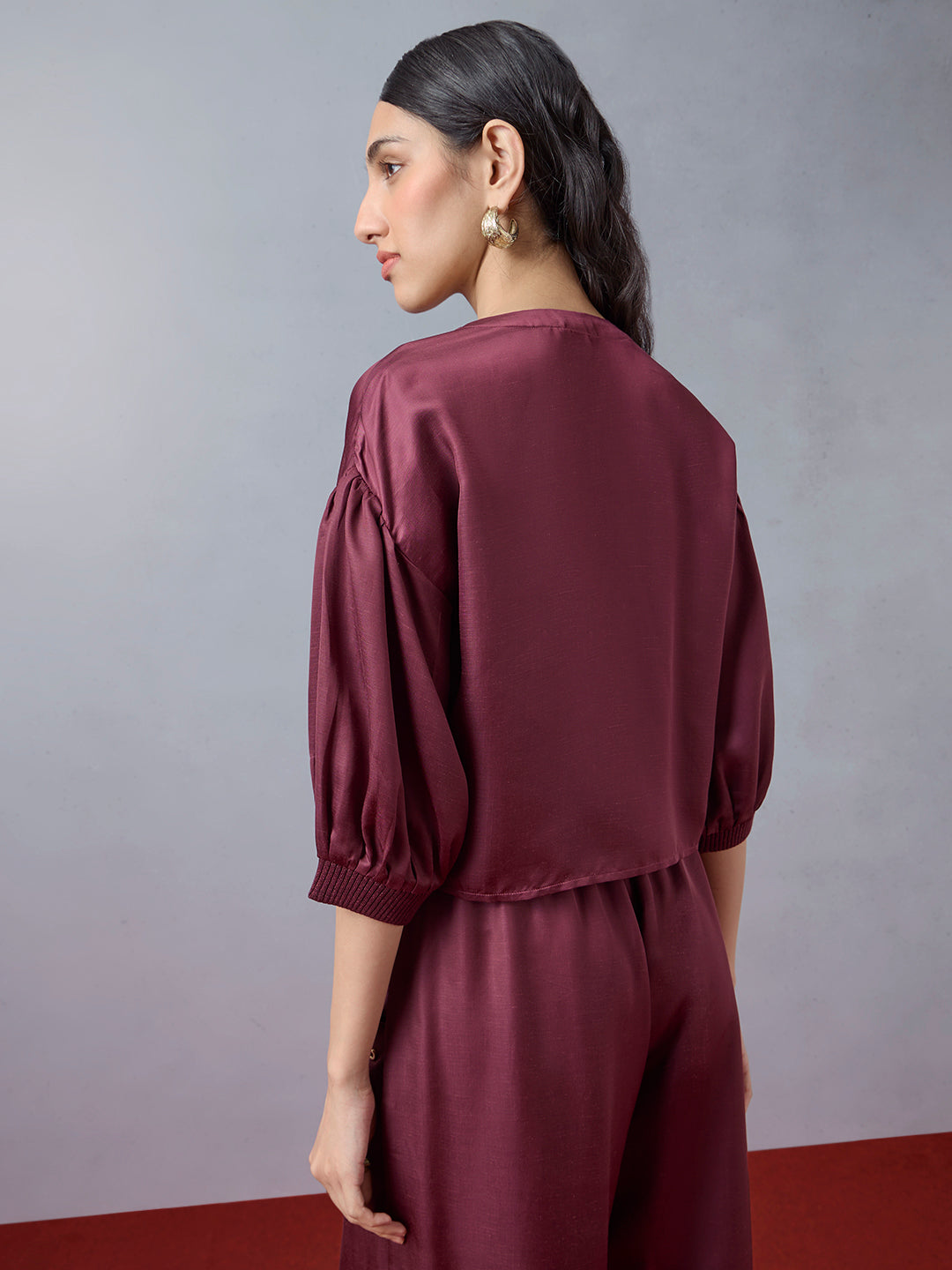 Samoh Satin Top with Tie-Up Front - Maroon