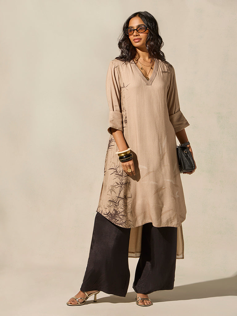 Printed High-Low Kurta - Beige