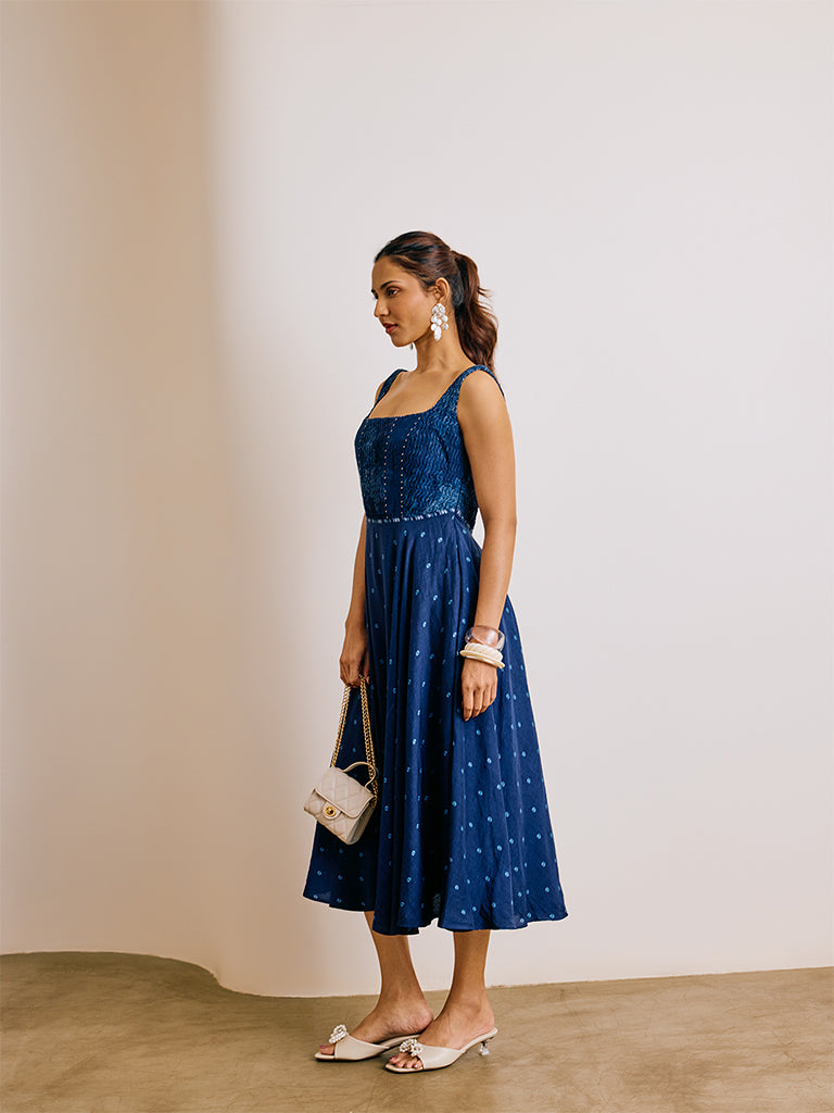 Bandhani Print  Midi Dress - Blue