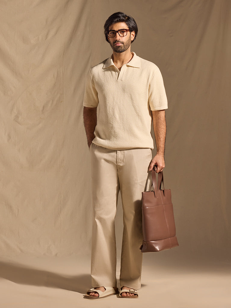 Samoh Popcorn Textured Polo T-Shirt - Cream
