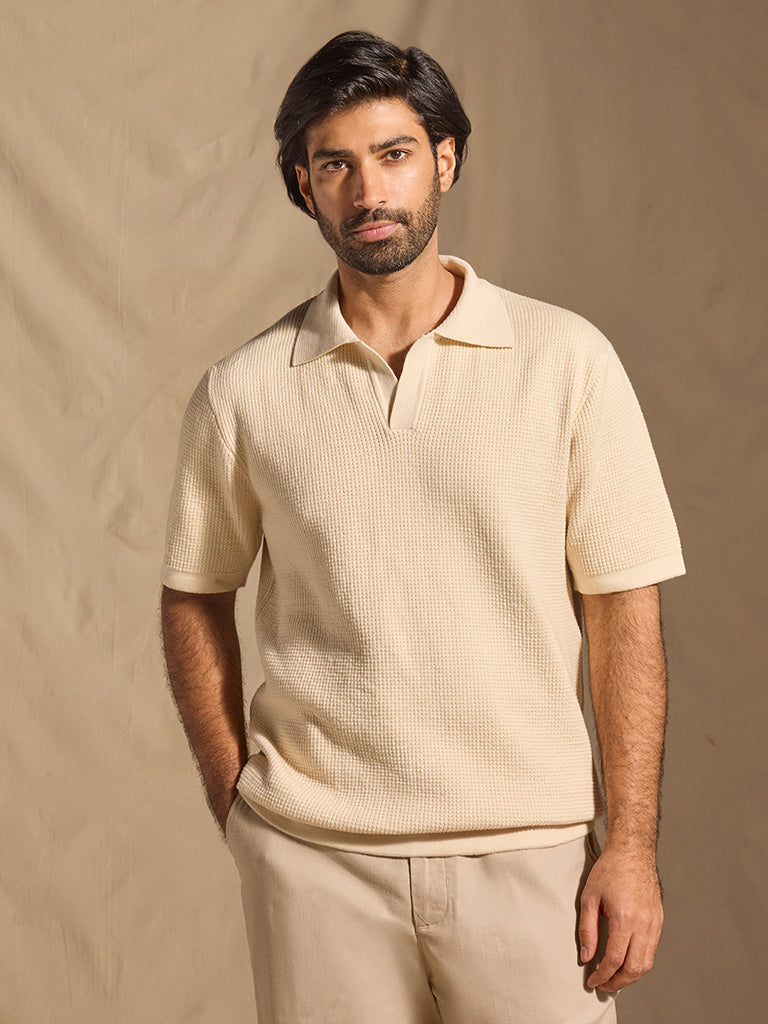 Samoh Popcorn Textured Polo T-Shirt - Cream