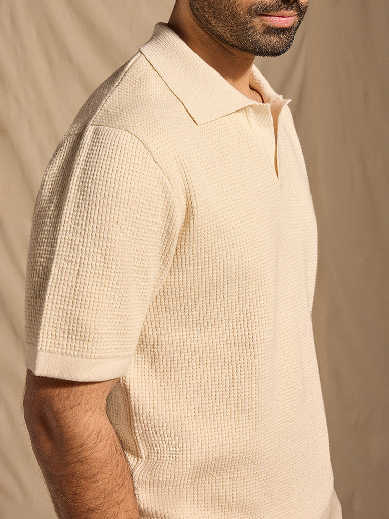 Samoh Popcorn Textured Polo T-Shirt - Cream