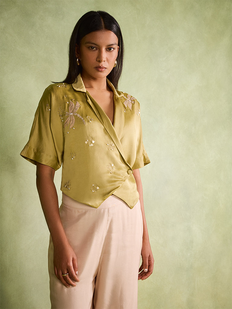 Embroidered Wrap Top – Olive