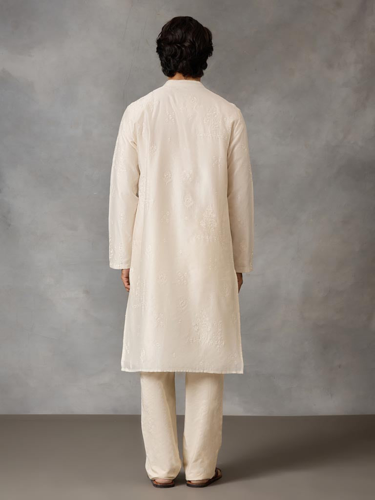 Self-Embroidered Kurta Set  - Off White