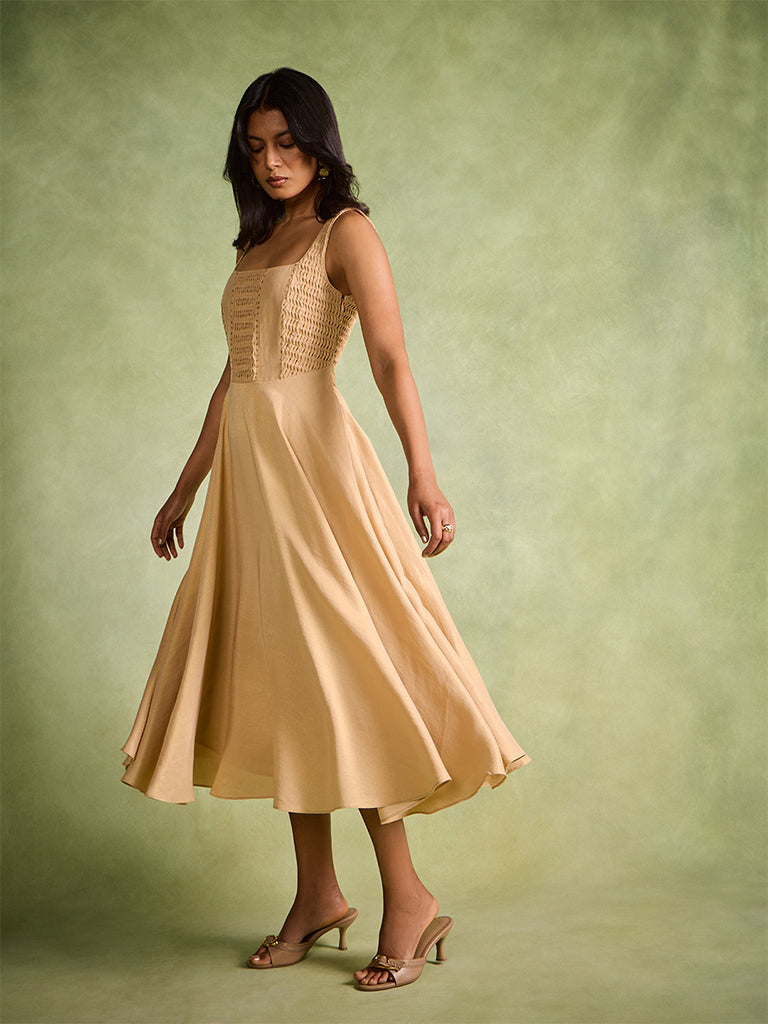 Pintuck Detail Dress – Gold