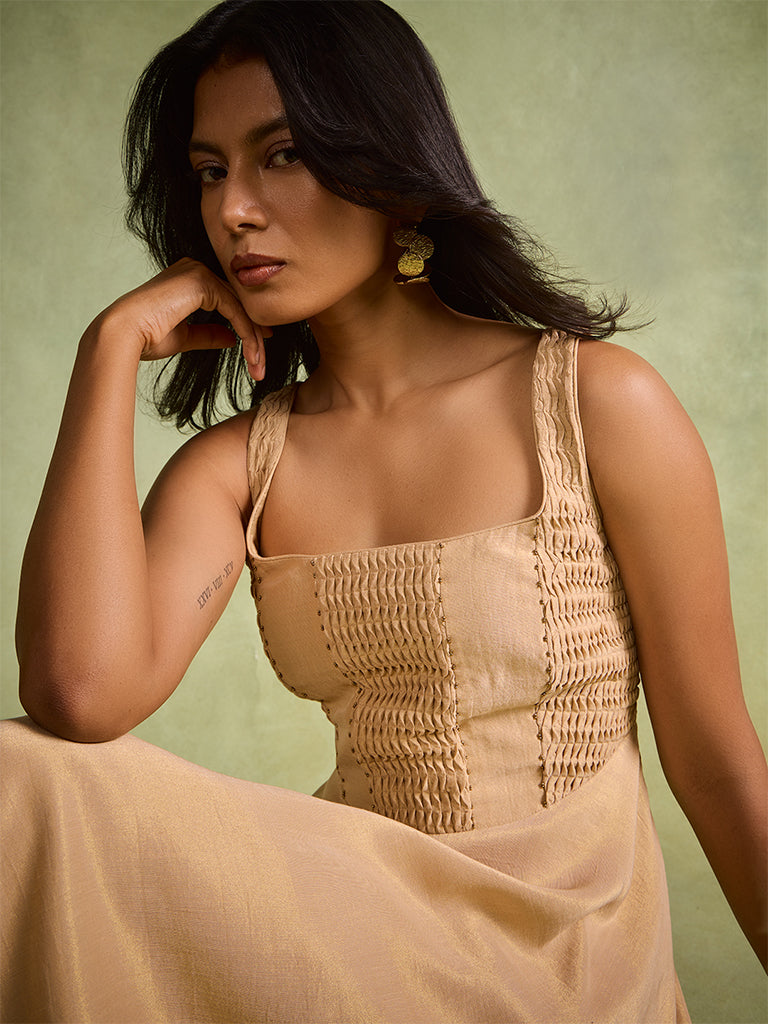 Pintuck Detail Dress – Gold