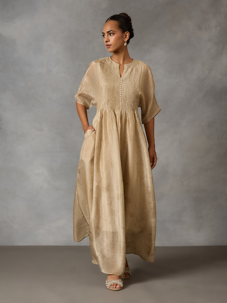Printed Kaftaan with Pintuck Detail - Gold