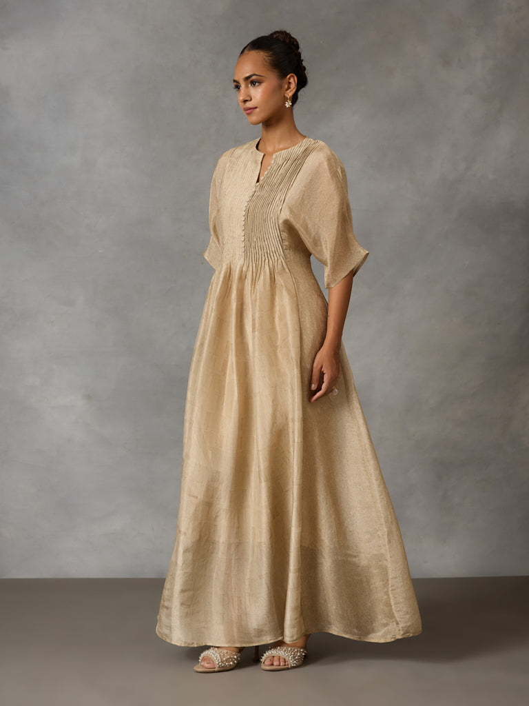 Printed Kaftaan with Pintuck Detail - Gold