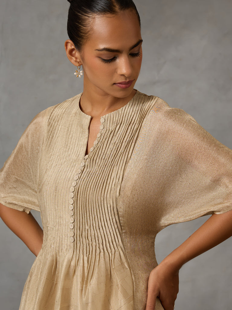 Printed Kaftaan with Pintuck Detail - Gold