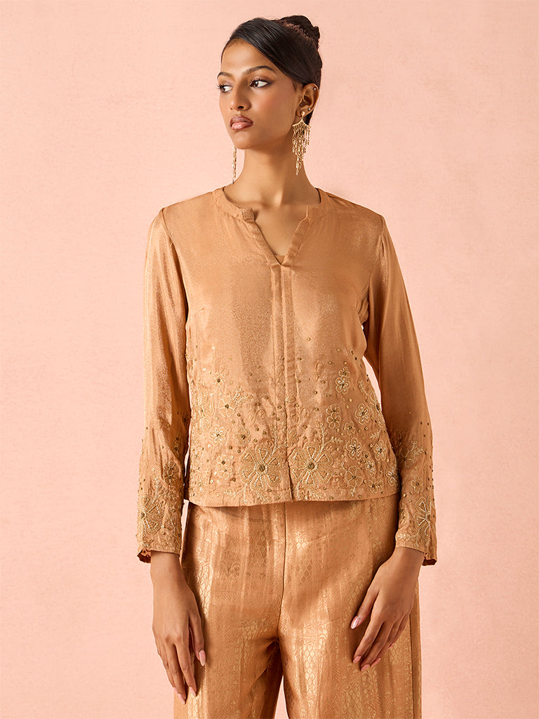 Floral Embroidered Top – Gold