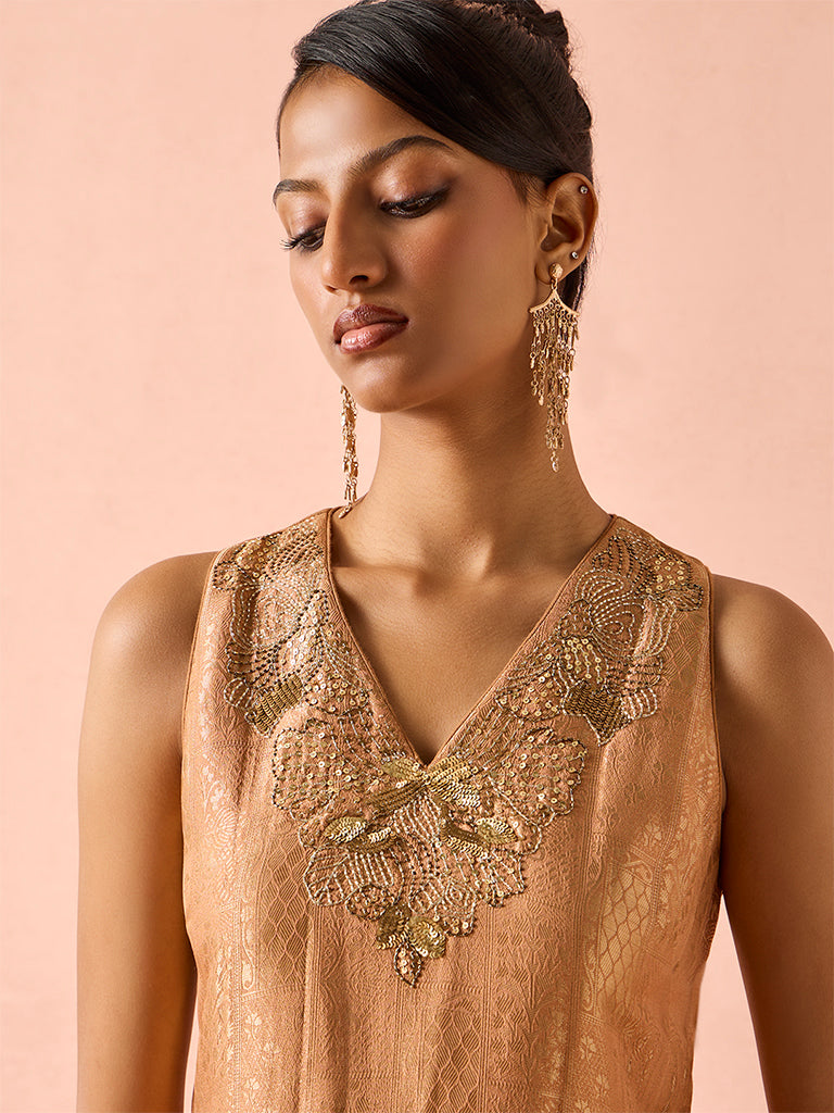 Embellished Jacquard Kurta – Peach