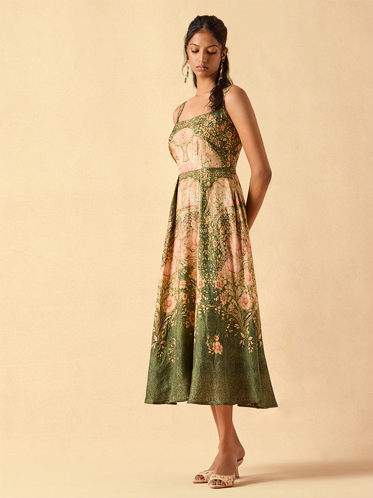 Samoh Floral Printed Midi Dress – Green