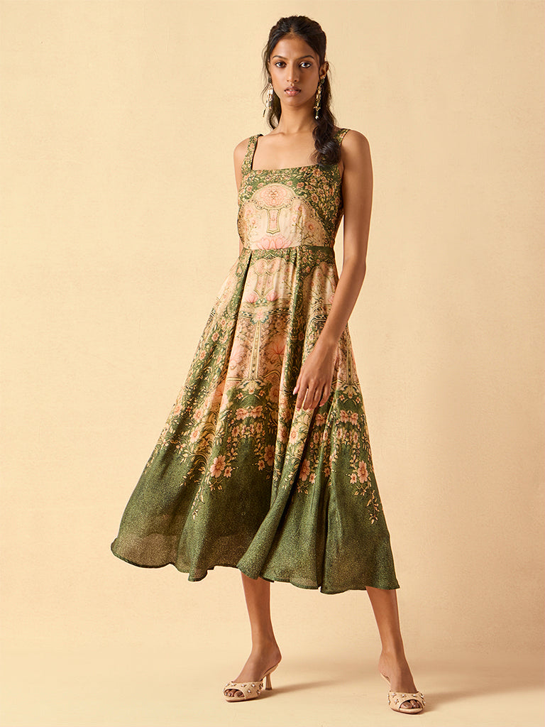 Samoh Floral Printed Midi Dress – Green