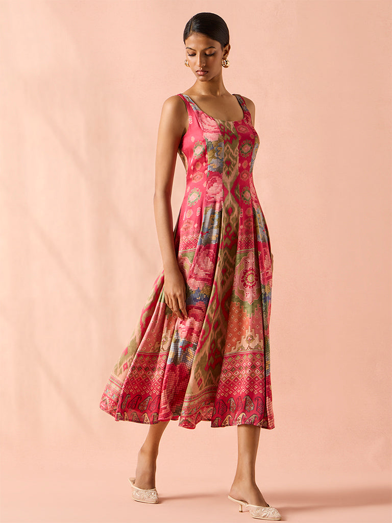 Patchwork Printed Midi Dress – Pink