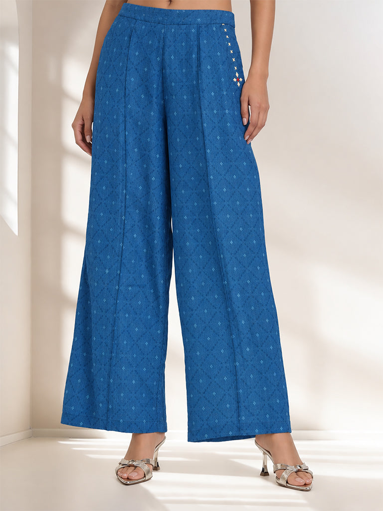 Samoh Geometric Print Straight-Leg Pants - Blue