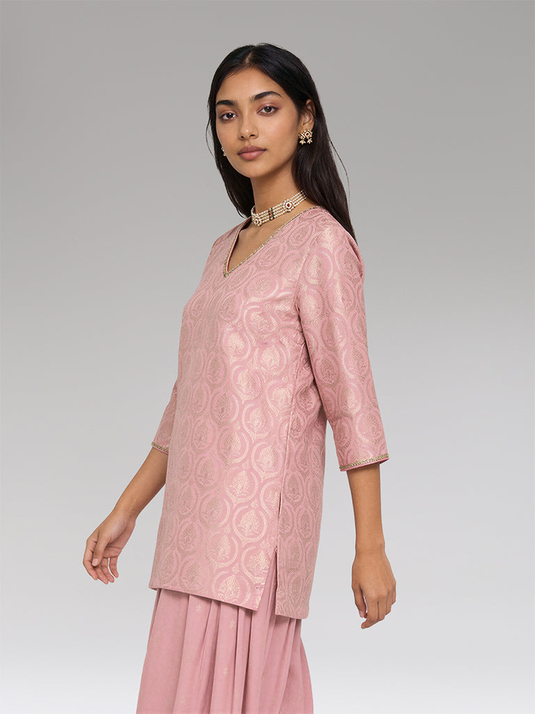 Floral Jacquard Kurta Set – Pink