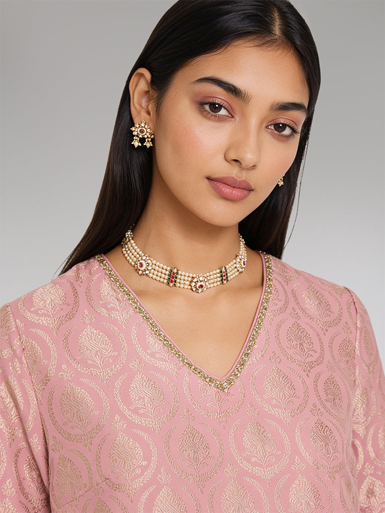 Floral Jacquard Kurta Set – Pink