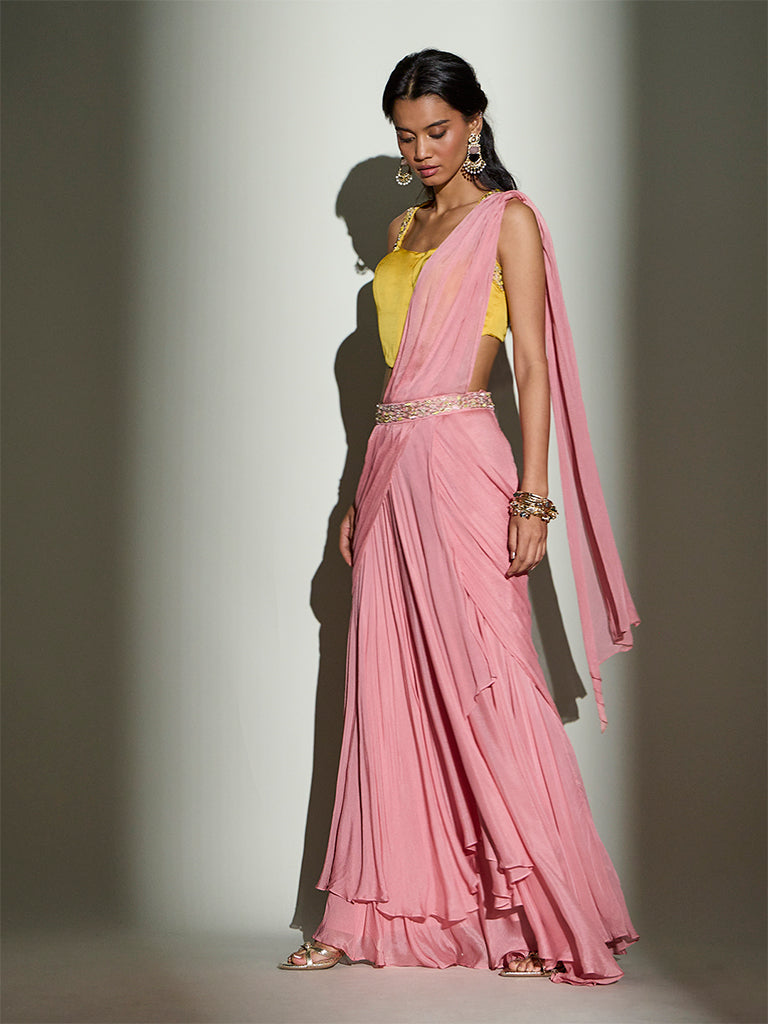Embellished Pre-Draped Saree – Pink