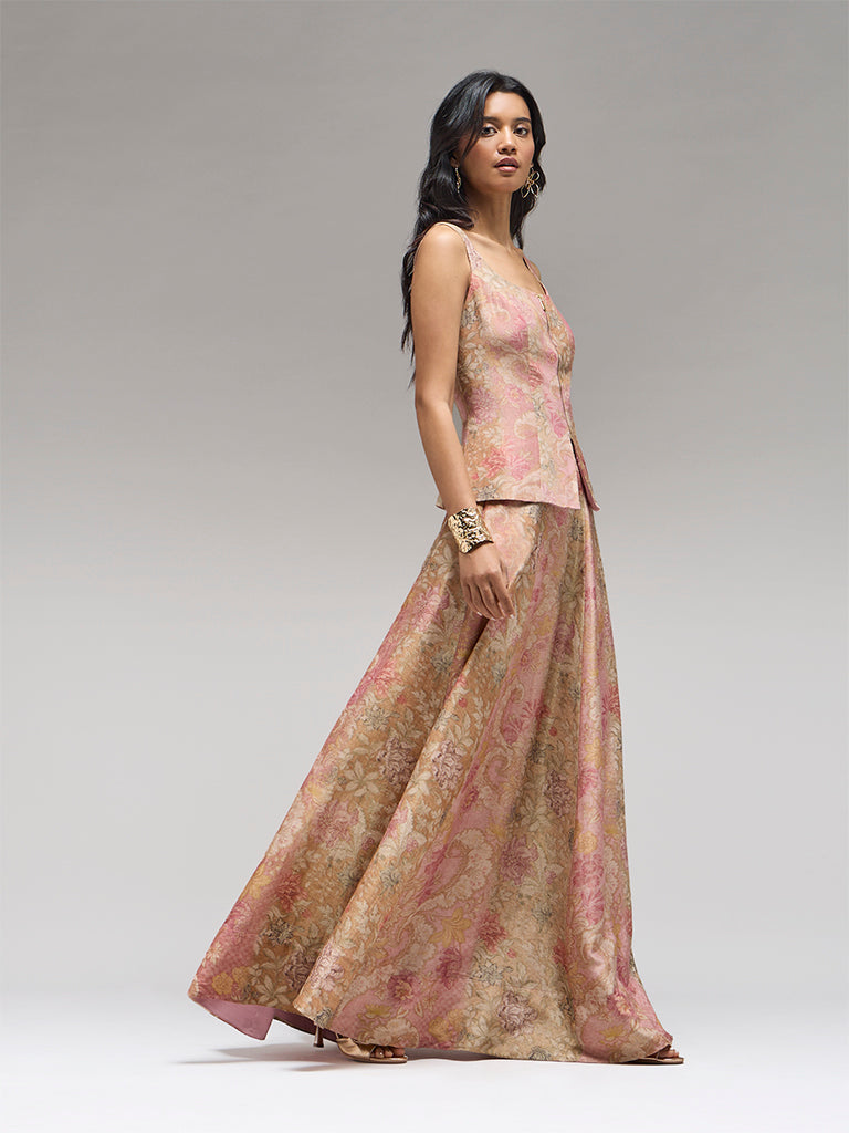 Floral Printed Flared Skirt – Pink