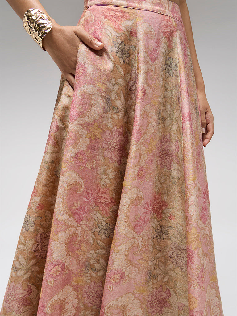 Floral Printed Flared Skirt – Pink