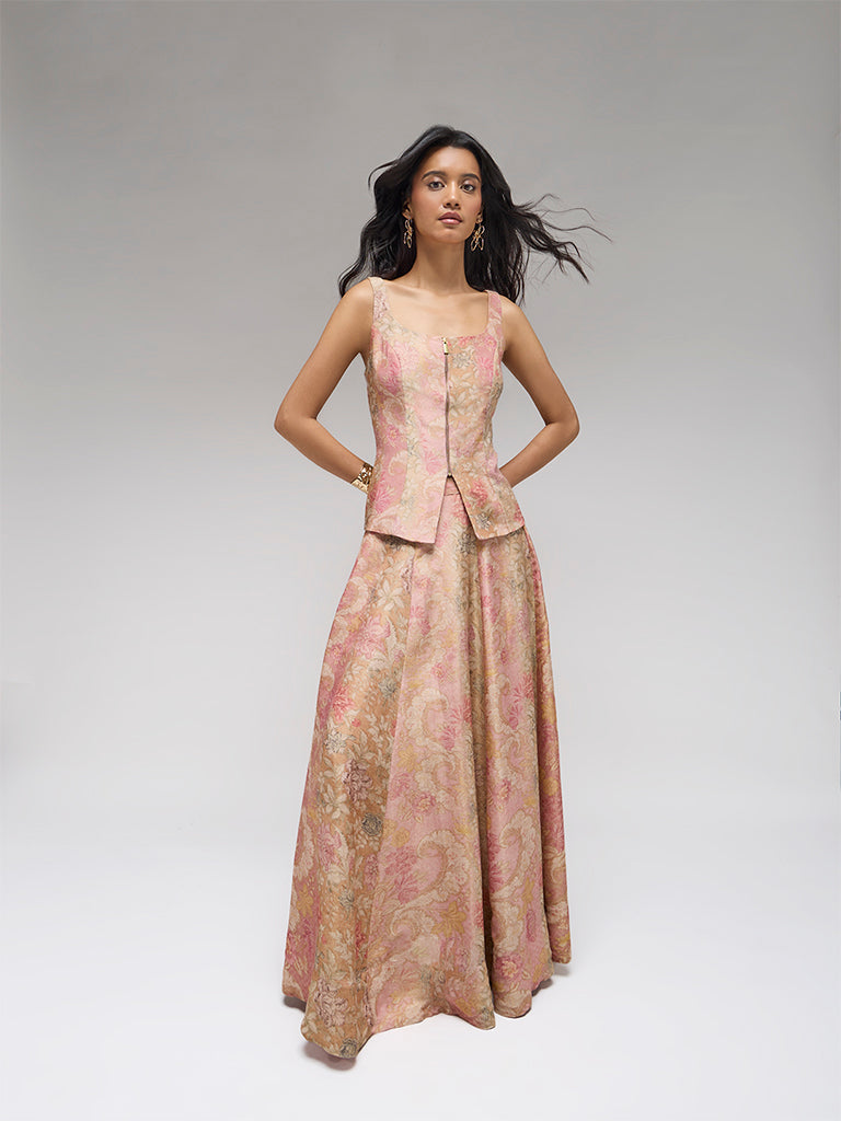 Floral Printed Zip-Front Top – Pink
