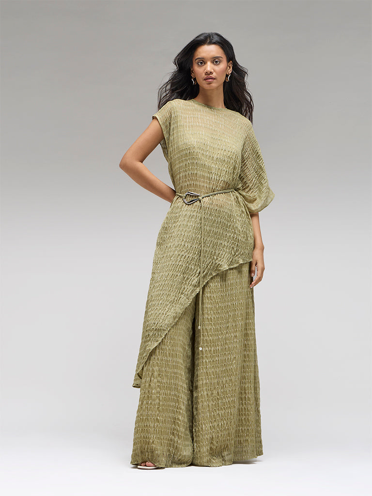 Textured Kurta Set with Belt – Olive