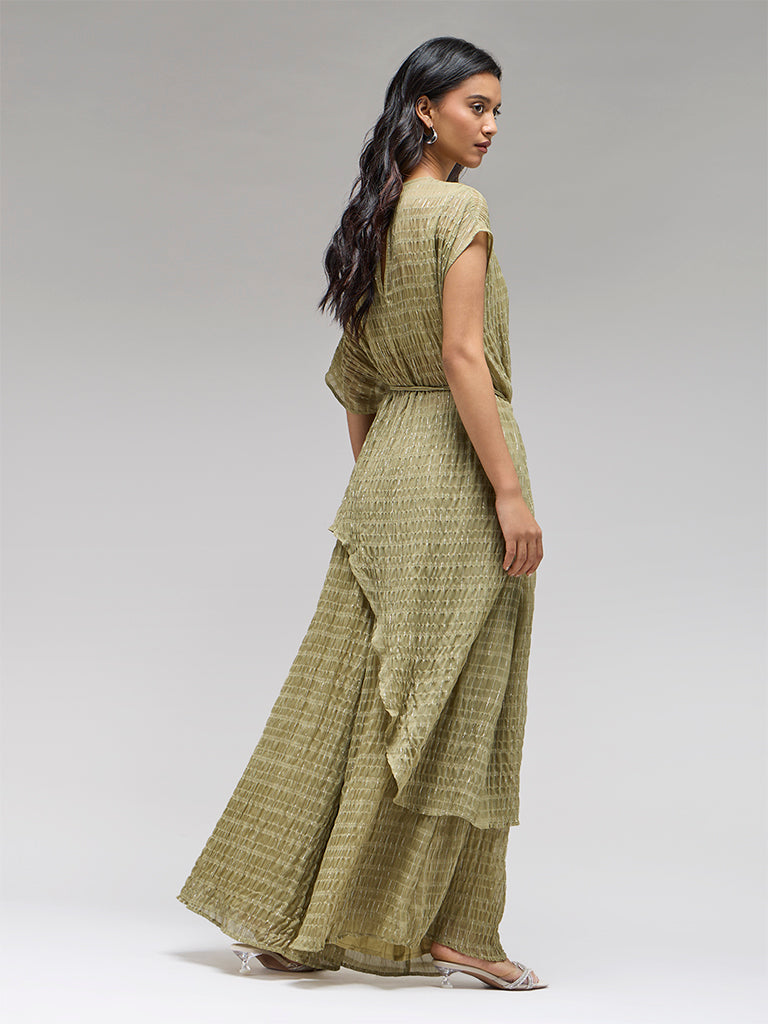 Textured Kurta Set with Belt – Olive