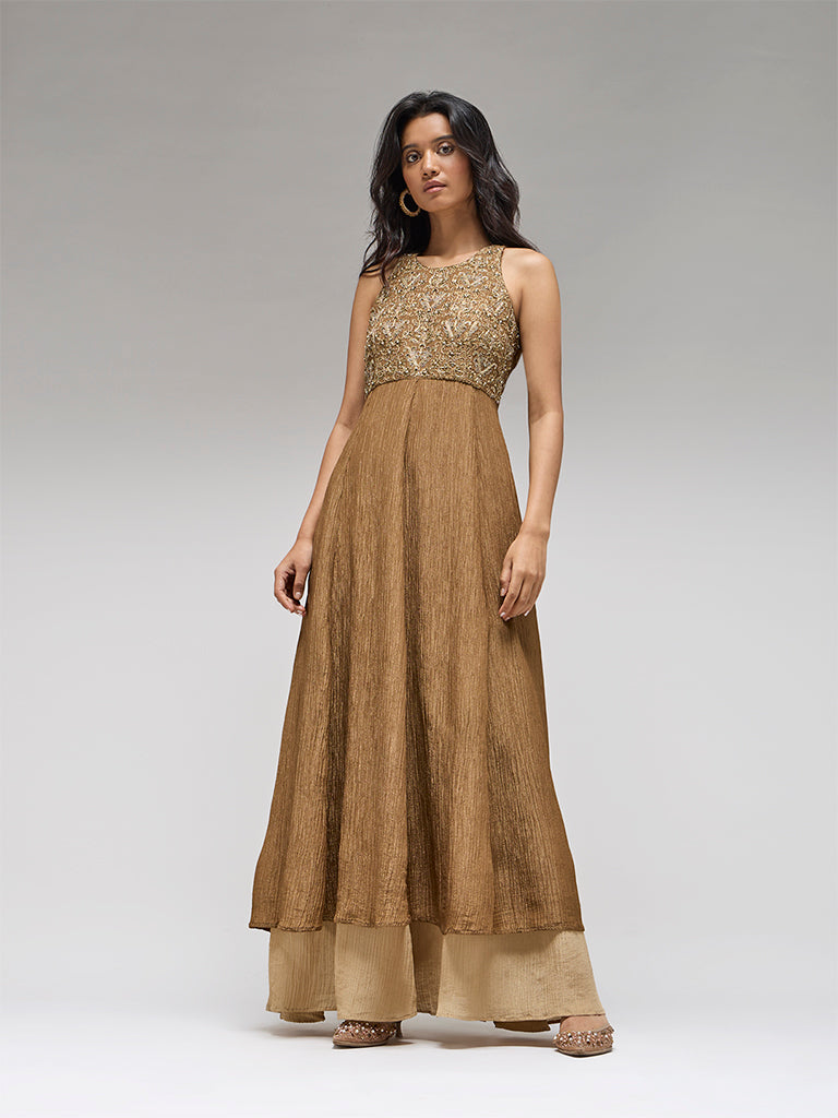 Embellished Tissue Maxi Dress – Brown